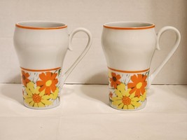 Lot of 2 Cups Mugs Ceramic Orange Yellow Mod Floral 5 Inch  Vtg 70&#39;s - £17.40 GBP