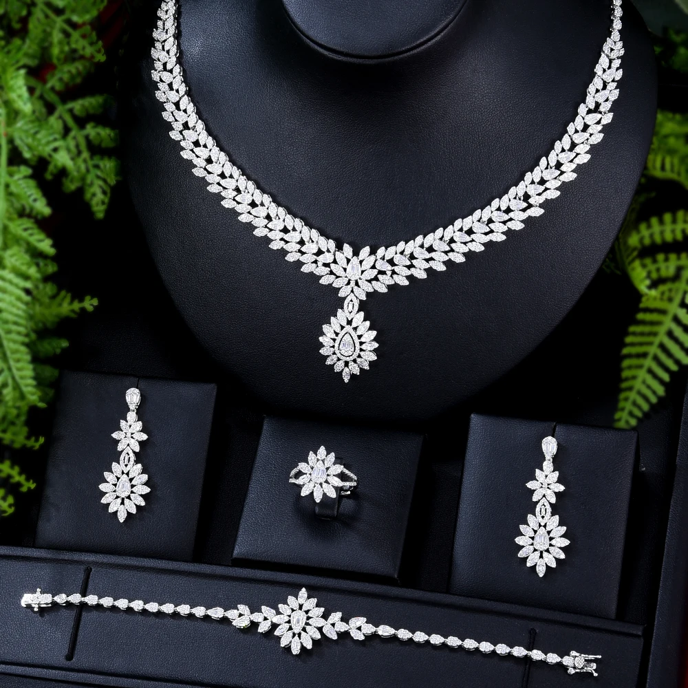 Trendy Fashion 4PCS Luxury Waterdrop Indian Jewelry Sets For Women Wedding Party - £104.63 GBP