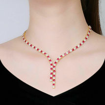 12.00 Ct Round Cut Red Ruby &amp; Diamond 14k Yellow Gold Over Drop Tennis Necklace - £219.76 GBP