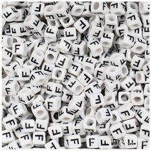 BeadTin White Opaque 6mm Cube Plastic Alphabet Beads- Black Letter F (80... - $2.09
