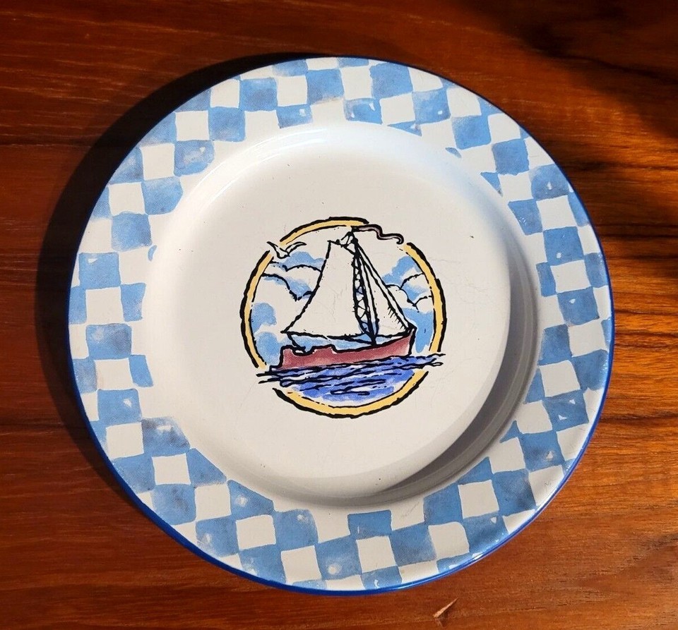 RARE VINTAGE ENAMELWARE METAL PLATE SAILBOAT BLUE CHECKED 8&quot; - $14.80