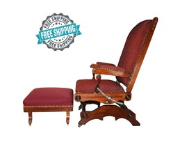 Antique Restored Victorian Upholstered Oak &amp; Cast Iron Platform Rocker w... - $759.95