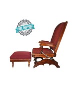 Antique Restored Victorian Upholstered Oak & Cast Iron Platform Rocker w/ Stool  - $759.95