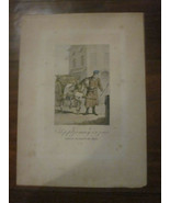 ANTIQUE COLORED ENGRAVING TITLED MAN SELLING WOOD HORSE DRAWN CART SCENE - £7.92 GBP