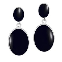 Classy Double Oval Black Onyx Inlay Sterling Silver Drop Post Earrings - $22.96