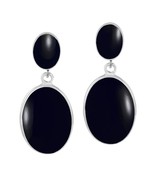 Classy Double Oval Black Onyx Inlay Sterling Silver Drop Post Earrings - £18.05 GBP