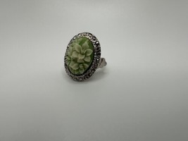 Vintage Adjustable Green Flower Silver Floral Ring - $29.70
