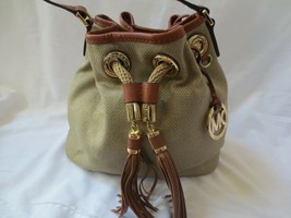 MICHAEL KORS Metallic Gold Canvas/ Leather Trimmed Drawstring Tassels Bu... - $65.00