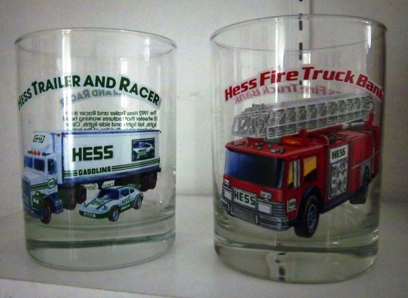 2 Glasses - Hess 1996 Classic Truck Series: Fire Truck Bank & Trailer and Racer  - $10.00