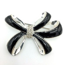 NAPIER silver-tone rhinestone black enamel pin - ribbon bow - big 2.25&quot; ... - £14.38 GBP
