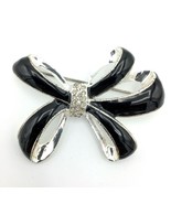 NAPIER silver-tone rhinestone black enamel pin - ribbon bow - big 2.25&quot; ... - £14.09 GBP