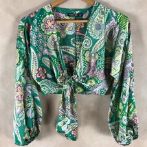 Nasty Gal Collection Green Paisley Floral Tie-Front Satin Blouse Size 4 Small - £13.89 GBP