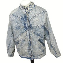 Vintage Acid Wash Denim Genuine Rabbit Fur Lined Jacket L Blue Snap Button - £35.36 GBP