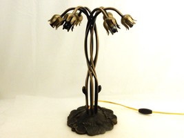 6 Light Table Lamp, Water Lily Pads &amp; Flowers, Twisted Arms, Mahogany Br... - $122.45