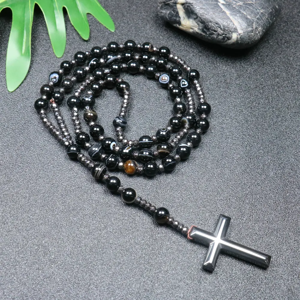 1pc Black Striped Agate Natural Stone Cross Beads Necklace Iron Gallston... - $15.42