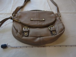 A T purse handbag shoulder taupe crossbody bag GUC gold has marks zipper... - $20.58