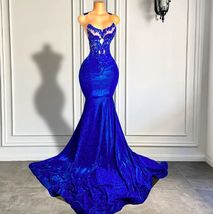 Royal Blue Elegant Prom Dresses 2024 Lace Applique Beaded Fashion Party ... - £156.53 GBP