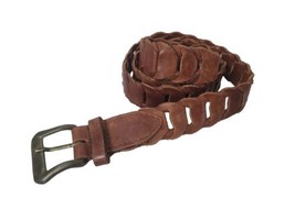 Leather Woven Link Belt Brown Sm Med 38&quot; Long Boho Brass - £14.81 GBP