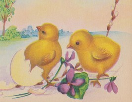 Easter Greetings W/ Yellow Chicks, Egg &amp; Violets Antique Postcard  - £5.53 GBP