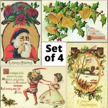 1970s Victorian Christmas Postcard Reproductions Set of 4 Santa Children Bells - £12.78 GBP