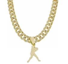 14K Gold Plated Iced CZ 18mm Cuban Link 30&quot; Drip Chain + Baseball Player Pendant - £33.47 GBP