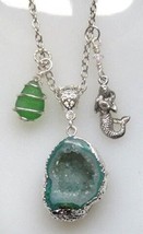 Necklace Green Crystal Cave Geode with Northwest Sea Glass, Mermaid &amp; Dolphin  - £19.98 GBP