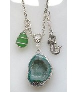 Necklace Green Crystal Cave Geode with Northwest Sea Glass, Mermaid &amp; Do... - £19.61 GBP
