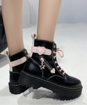 Black &amp; Pink Heart Lace -up Combat Boot | Women Lolita Star Street Style #779 - £51.14 GBP