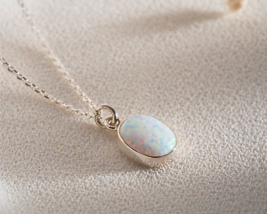 Natural White Opal Necklace  Genuine Opal (October Birthstone) Oval Necklace - £125.13 GBP