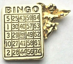 BINGO Card Good Luck Angel Pin Gold Tone Vintage Brooch - $13.90