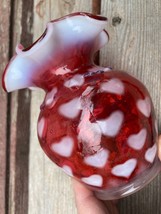 VTG  Fenton Cranberry Opalescent Heart Optic Beaded Ruffled Vase 4.25&quot; - £58.46 GBP