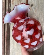 VTG  Fenton Cranberry Opalescent Heart Optic Beaded Ruffled Vase 4.25&quot; - £58.38 GBP