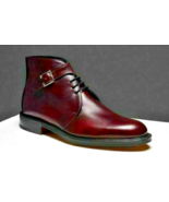 Men Handmade Dark burgundy Chukka boots, Men Dress lace up ankle high mo... - $199.00
