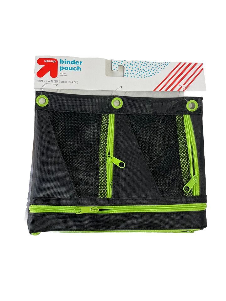 BLack &amp; Green Mesh Pencil Case For 3 Ringed Binder 10&quot; x 7.25&quot; 4 Pockets - $7.69