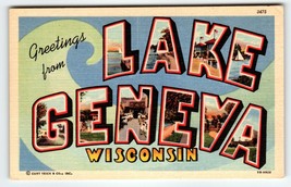 Greetings From Lake Geneva Wisconsin Large Big Letter Postcard Curt Teich Unused - £10.09 GBP