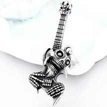Punk Retro Silver Skull Guitar Pendant Necklace Men&#39;s Jewelry Chain 24&quot; Gift - £7.11 GBP