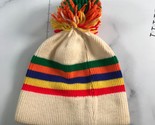Vintage Wool Hat Beige Rainbow Striped Pom Pom Thick - £21.86 GBP