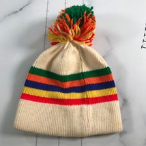 Vintage Wool Hat Beige Rainbow Striped Pom Pom Thick - £21.77 GBP