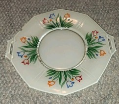 VTG Art Deco Hand Painted Glass Plate With Handles Tulips Floral - £22.39 GBP