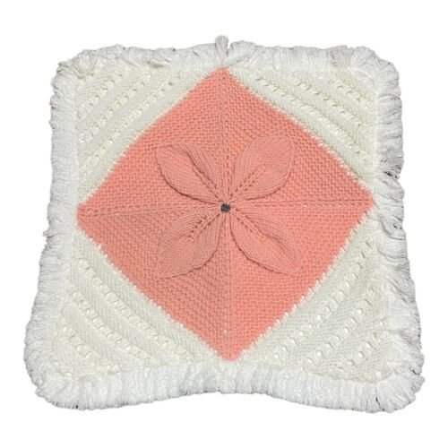 Primary image for Crochet Handmade Pink Flower Throw Pillow Cover White Cottage Granny Core 17"