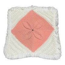 Crochet Handmade Pink Flower Throw Pillow Cover White Cottage Granny Core 17&quot; - £24.25 GBP