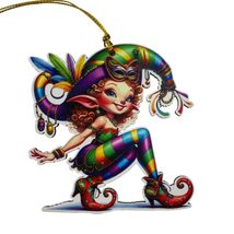 Colorful Mardi Gras Elf Wooden Ornament with Feathers and Mask No. 7 - $7.91