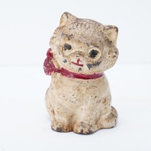 Vintage 1930&#39;s Cast Iron Hubley Cat Coin Bank Red Ribbon Bow 820 Stamp White - £39.24 GBP