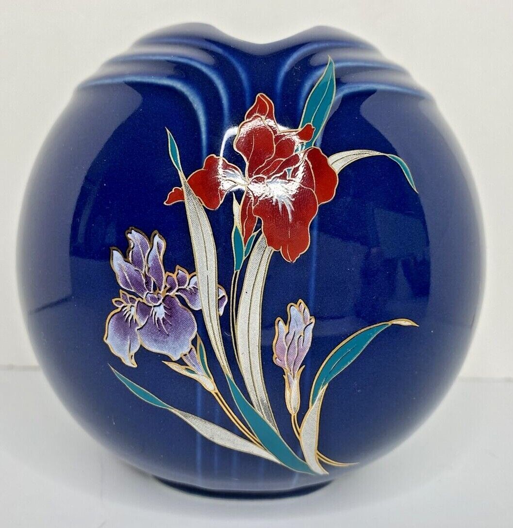 Primary image for Fine China Japan Blue Ribbed Vase with Iris Flowers