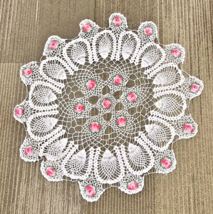 Handmade Grandma Core Crochet Pink Rosey &amp; Green Floral Doily 24" - $16.34