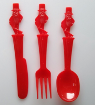 Mr Peanut Vintage Red Plastic Fork Knife Spoon Set 1950s Planters Peanuts - £21.27 GBP