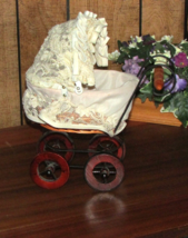doll STROLLER wicker w/beige lining outer 'skirt' lace canopy  metal fra... - $12.00