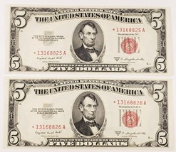 Lot of 2 Consecutive 1953-B $5 United States Star Notes Choice UNC FR #1... - $222.75