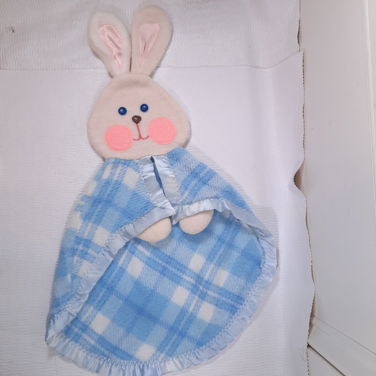 Vintage Fisher-Price Bunny Lovey Blue Plaid satin fleece Rabbit Security Blanket - £73.49 GBP
