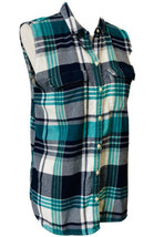 Gap Sleeveless Flannel Shirt Sz M Boyfriend Fit Plaid Green Blue White Pockets - £14.06 GBP